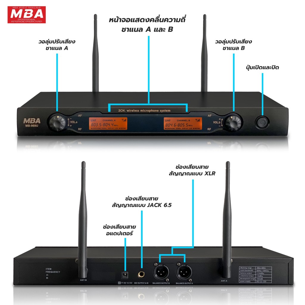 MBAAUDIOTHAILAND ไมโครโฟนลอยไร้สาย MBA รุ่น MB-969U ไมค์ลอยคู่ (คลื่นUHFแท้) ไมค์เสียงดี ไมค์ร้องคาราโอเกะ Microphone