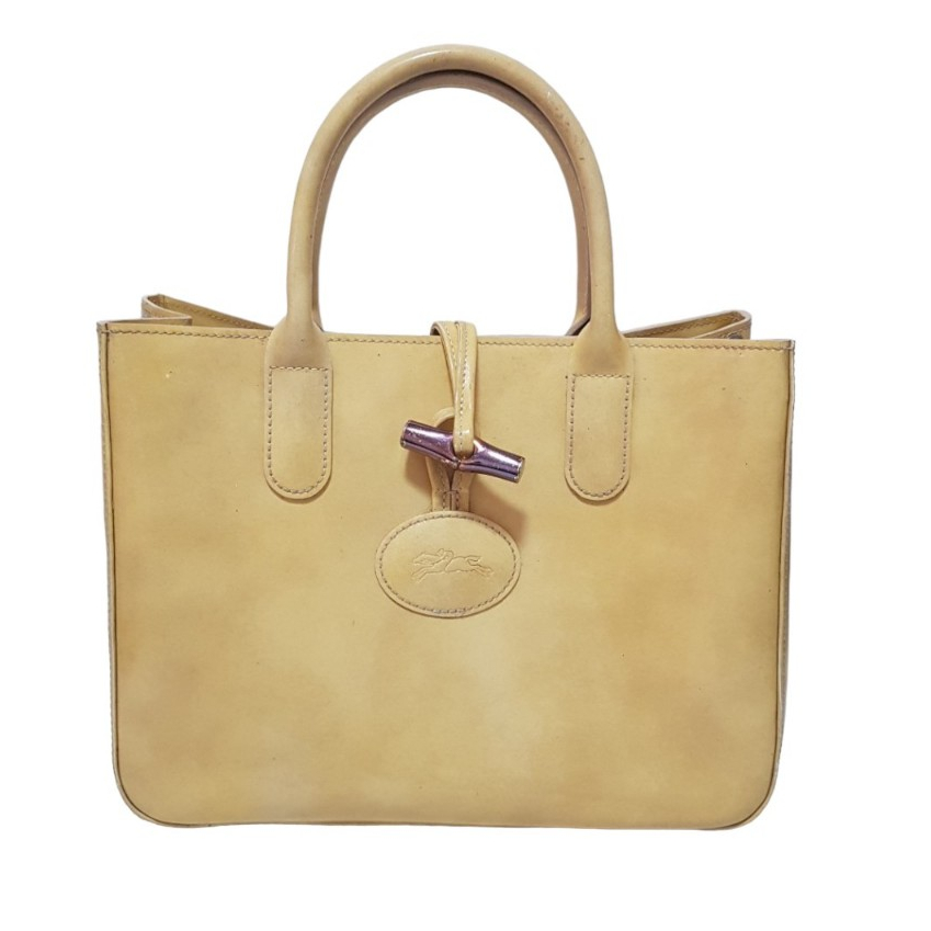 👜Longchamp กระเป๋า Roseau Glossy Handbag Patent Leather Yellow Bamboo Toggle ไม่มีสายยาว❤️สินค้ามือสองแท้