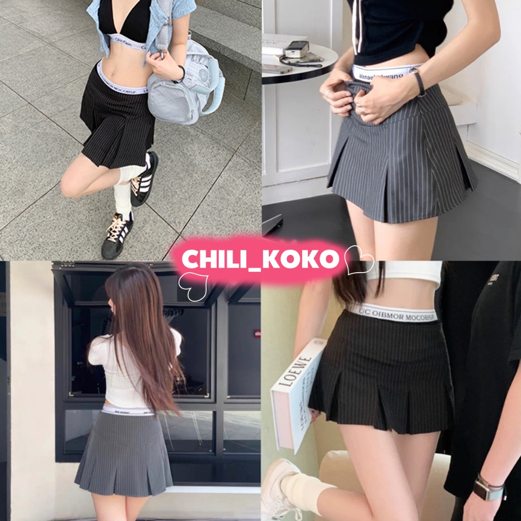 KOKO 8804 กระโปรงสองชั้น กระโปรงดํา เอวสูง ลายทางเอวยืด Y2K แฟชั่นสไตล์เกาหลี ผ้าอย่างดี มีซับใน ใส่สบาย