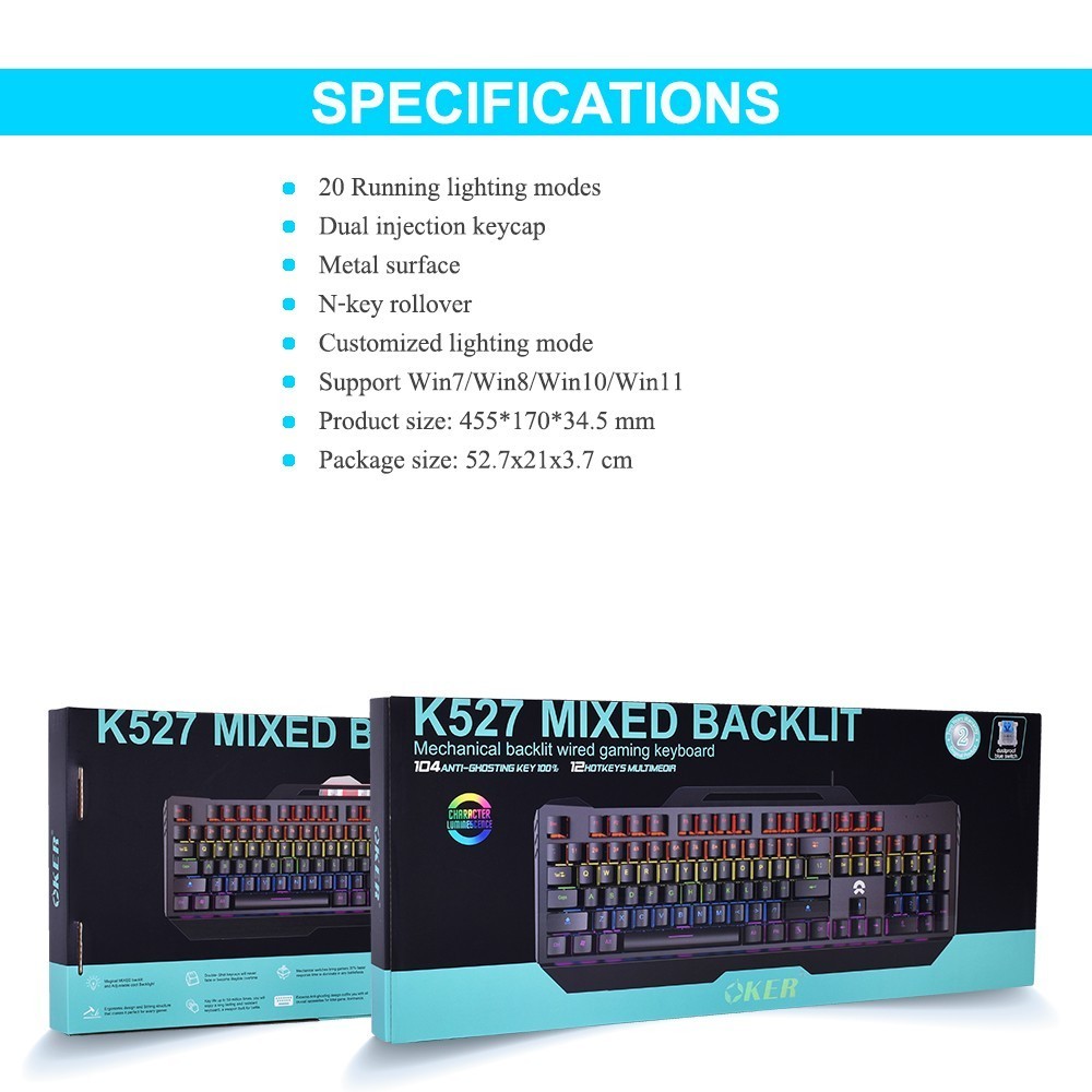 คีย์บอร์ดเกมมิ่ง Mechanical OKER รุ่น K527 มีไฟเรืองแสงหัวเสียบ USB White Blue switch