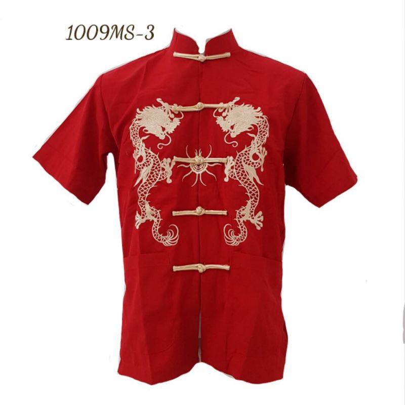 เสื้อคอจีนผู้ชายปักมังกรคู่ แขนสั้นสีแดง