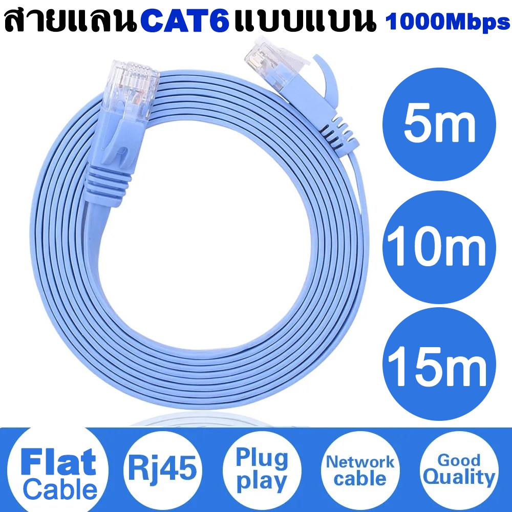 สายแลนคุณภาพสูง CAT6 แบบแบน CAT6 Flat UTP Ethernet Network Cable RJ45 Patch LAN Cable Blue Color 1m 2m 3m 5m 10m 15m