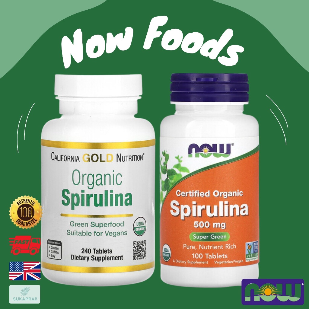 พร้อมส่ง Organic Spirulina 500 mg  60 Tablets California Gold Nutrition Now foods