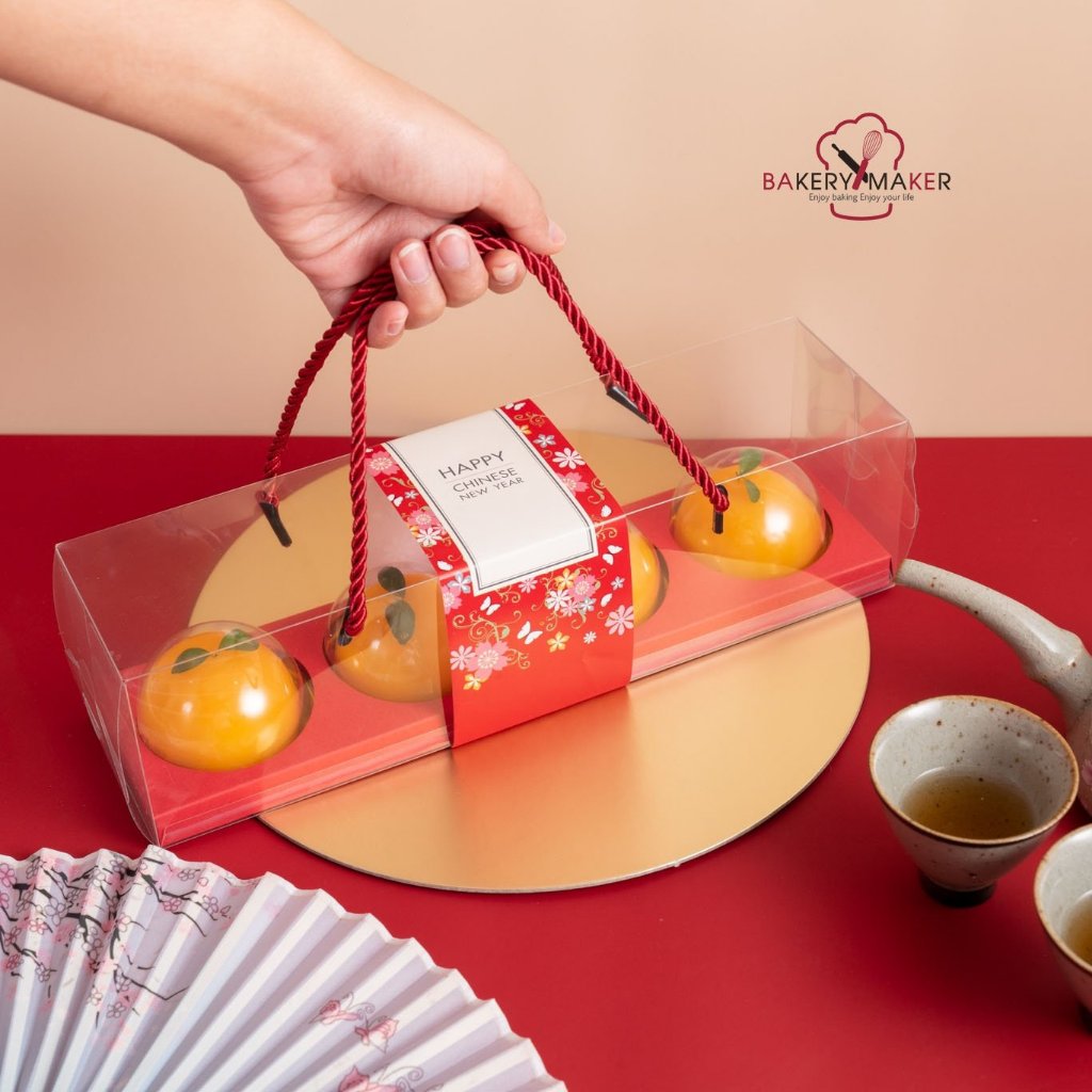 กล่องใสหิ้ว 4 หลุม ทรงยาว+กระดาษคาด แพค 5 ใบ (ไม่รวมโดมในกล่อง) / กล่องเค้กส้ม มินิ