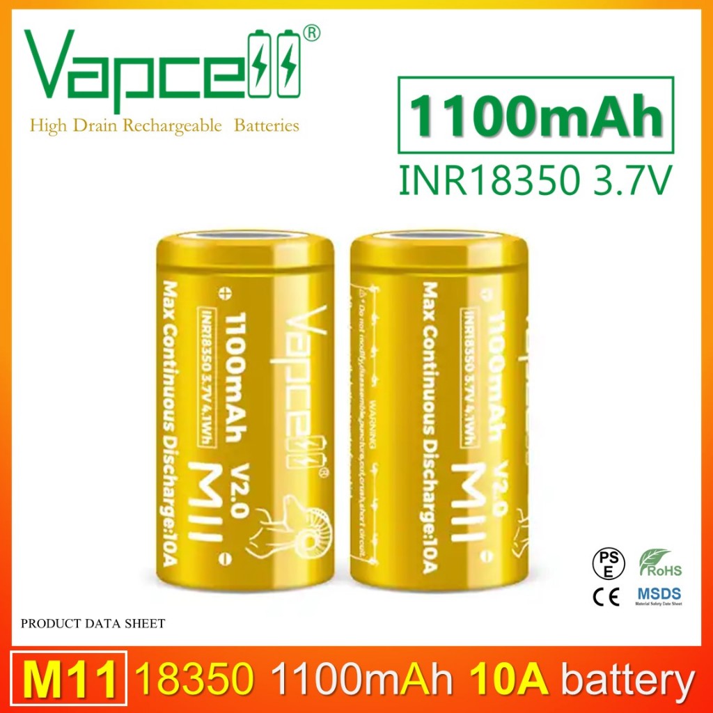 [หัวแบน V2.0] ถ่านชาร์จ Vapcell M11 18350 3.7V 1100mah 10A สีทองจำนวน 2 ก้อน
