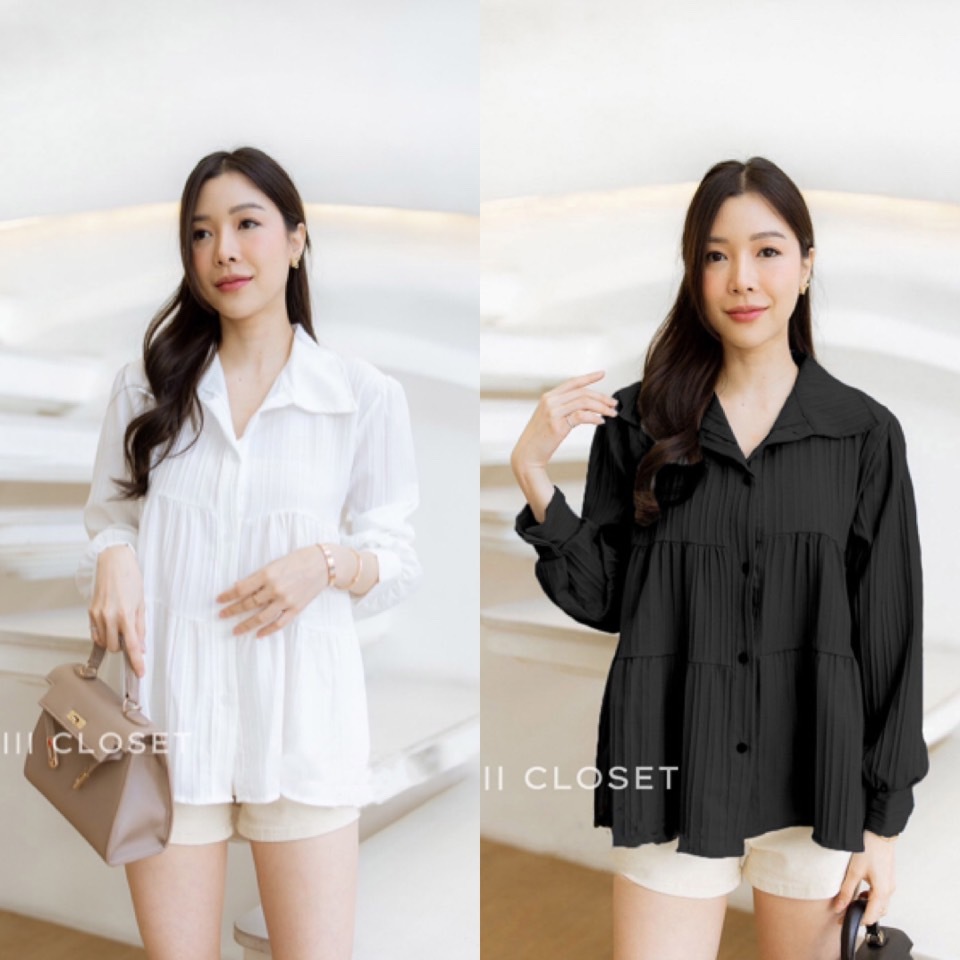 เสื้อเชิ้ต III Freesize III ZO064 คอปก แต่งเลเยอร์ชั้นๆ ดีไซน์แขนพอง ทรงน่ารักมาก ผ้า Dobby พิมพ์ลายนูน ผ้าดี ใส่สบาย