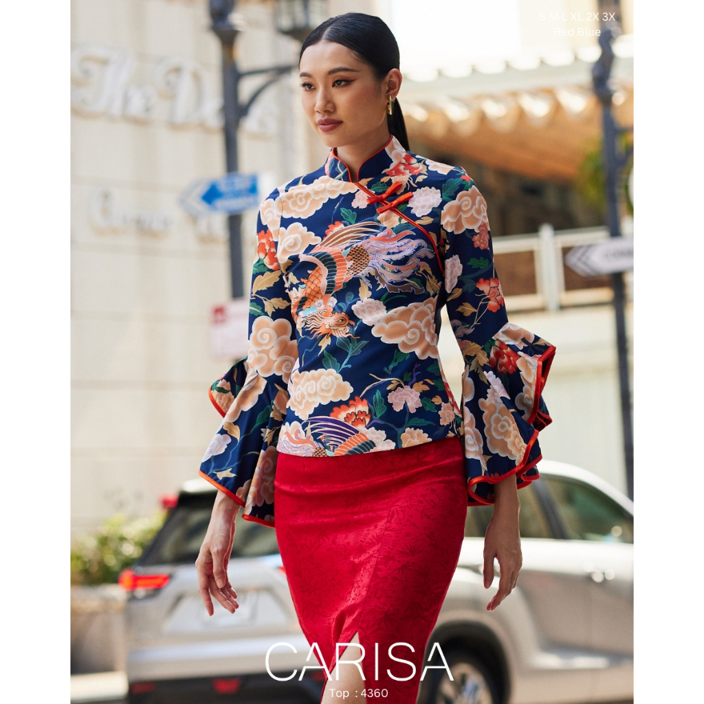 Carisa เสื้อคอจีน ผ้าคอตตอลผสมสเปนเด็กซ์ แขนพวง ลายมังกรดอกไม้ [4360]