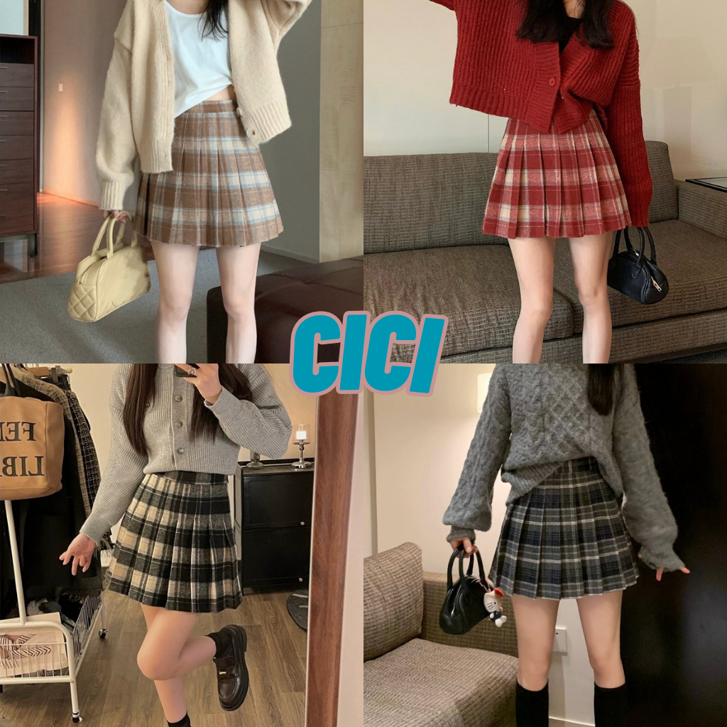 ส่งทันที Cici(NO. 27038-5)กระโปรงลายสก็อตสักหลาด ทรงเทนนิส ดีเทลซิปรูดด้านข้าง สไตล์เกาหลี