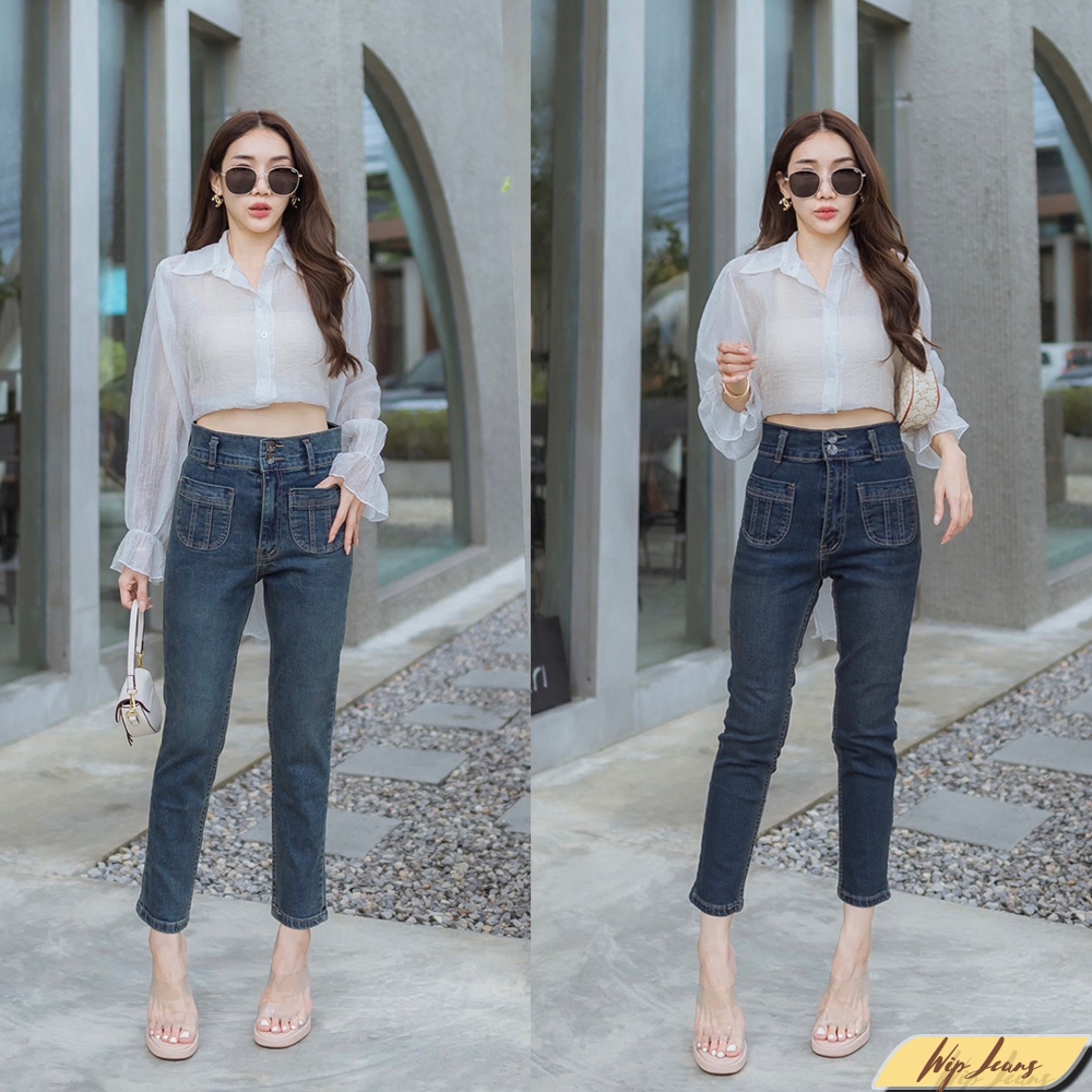 กางเกงยีนส์ผู้หญิงทรงบอยสลิมผ้ายืดเข้ารูปเก็บทรงสวยมีไซส์สาวอวบ