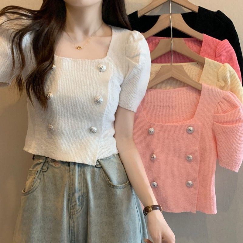 เสื้อไหมพรมแขนสั้น สวย คอกลม ดีกระดุมด้านหน้า พร้อมส่ง
