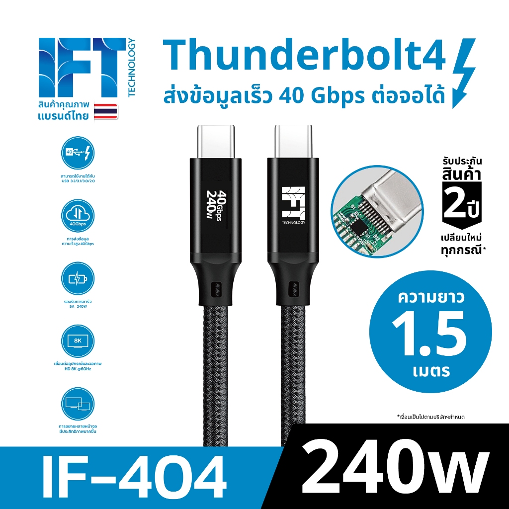 สาย IFT Thunderbolt4 240w/40Gbps โอนถ่ายข้อมูลรวดเร็ว ต่อออกจอภาพได้