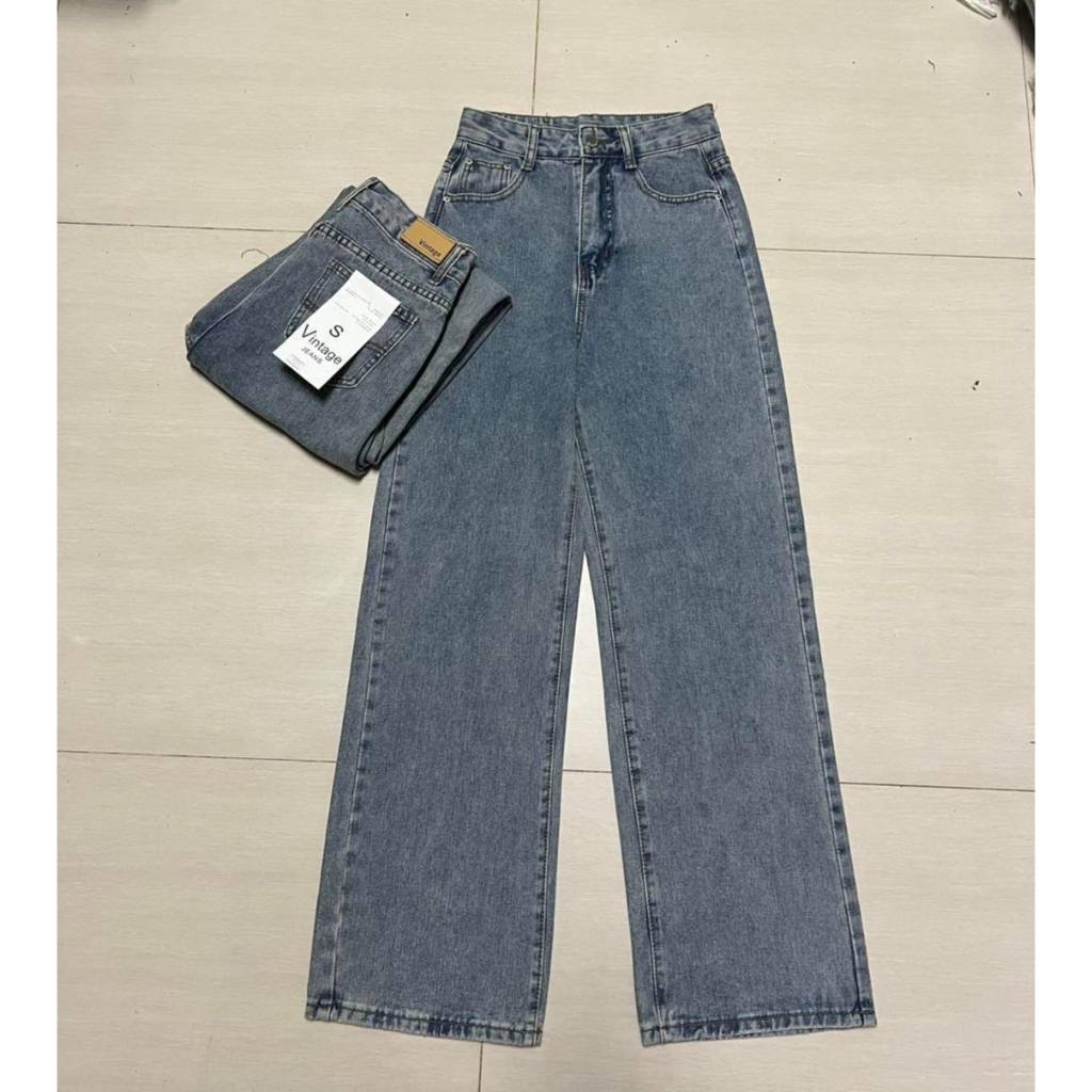 (xs--6xL) Basic Jeans Vintage ยีนส์เบสิก งานป้ายวินเทจ ทรงกระบอกเอวสูง ผ้ายีนส์ไม่ยืด