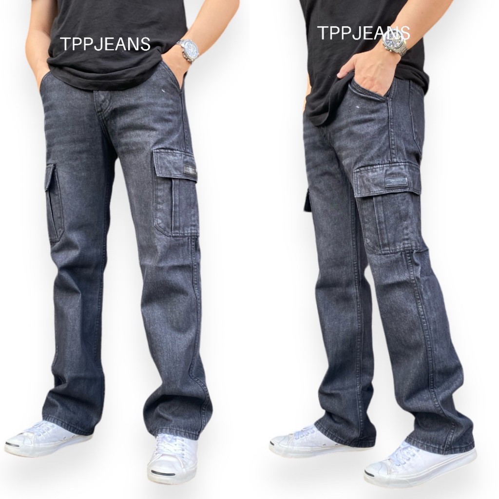 JEANSEXPRESS Cargo13oz. Denim กางเกงยีนส์ชายสีเทาดำฟอก กระเป๋าข้าง ทรงกระบอก เป้าซิป ไม่ยืด ทรงสวย Size 28-38