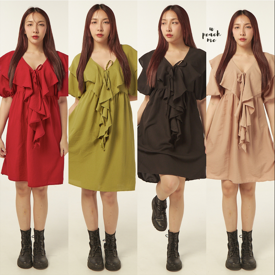 BOOST DRESS I ชุดเดรสยาวคลุมเข่า สีพื้นแต่งระบาย+ผูกโบว์