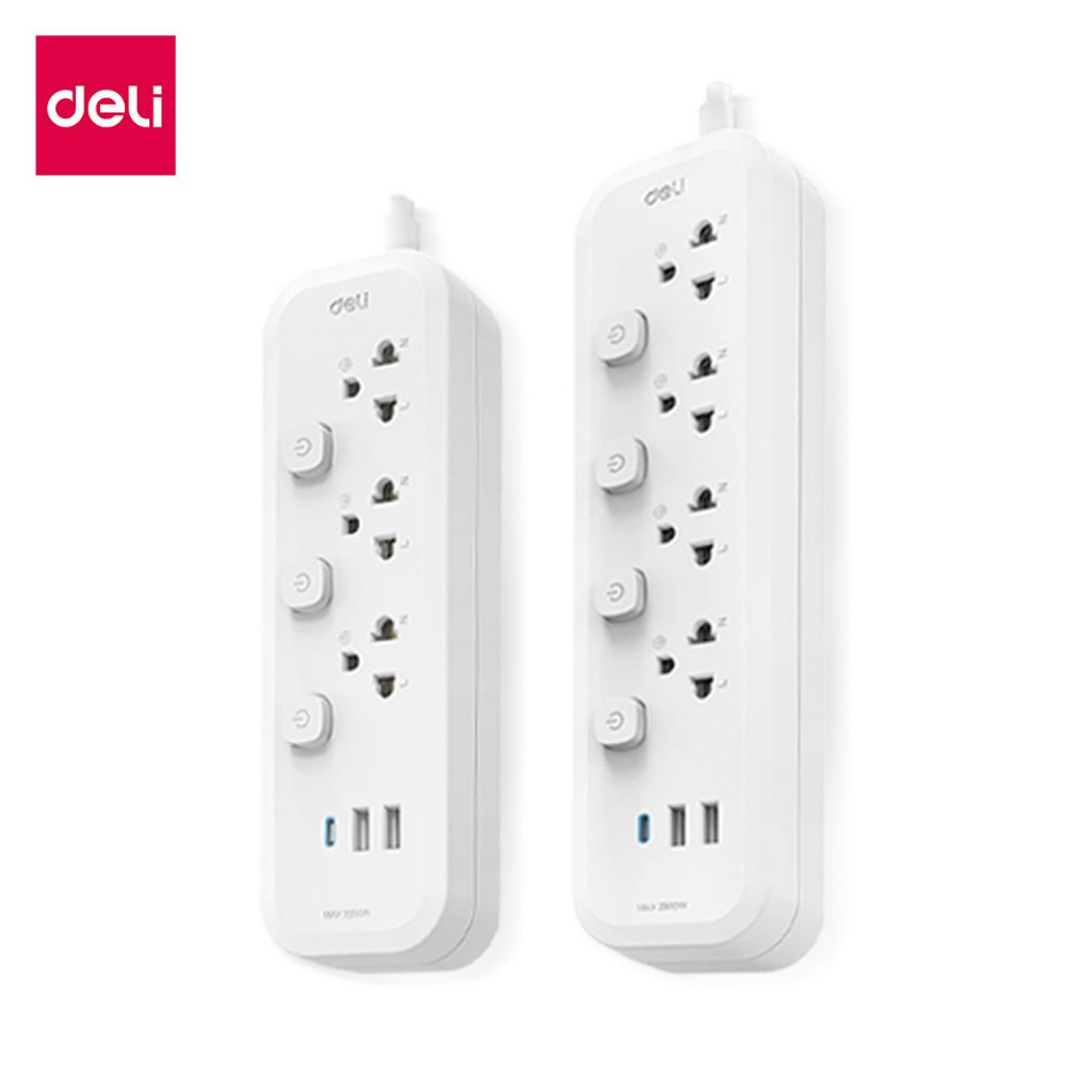 Deli ปลั๊กพ่วง ปลั๊กไฟ 3 ตา ปลั๊ก กำลังสูงสุด 2300W ยาว 3 5 เมตร วัสดุทนไฟ 750 ํC มาตรฐาน มอก รับประกัน3ปี Power Socket