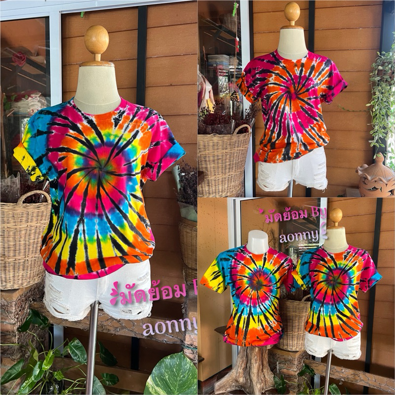 เสื้อยืดมัดย้อมเย็น ลายก้นหอย ตัดเส้นดำ สวยคมชัด ผ้าcotton comb 100%