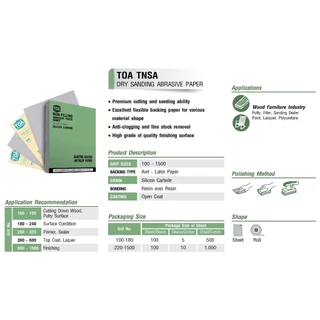 กระดาษทราย TOA TNSA กระดาษทรายขัดแห้ง สำหรับขัดสีงานไม้ เคลือบสารป้องกันการอุดตัน จำนวน 50 แผ่น