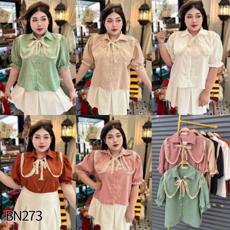 BN273.เสื้อสาวอวบผ้าลูกฟูกรุ่นปกโค้งใหญ่ขอบลูกไม้ถัก