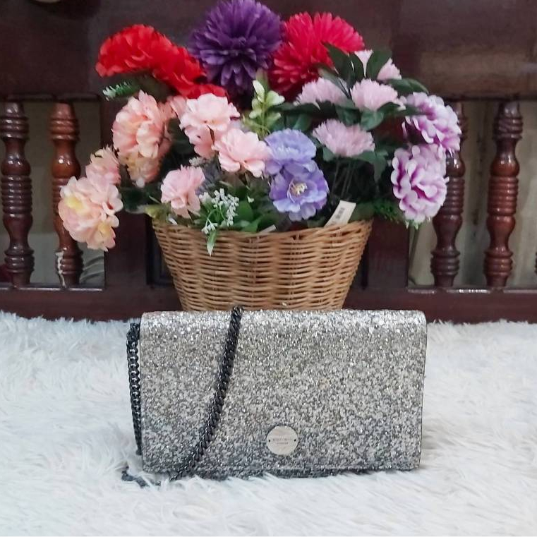 Jimmy Choo Silver Fie Shoulder Bag Blue, Glitter ของแท้ Made in Italy สภาพดี