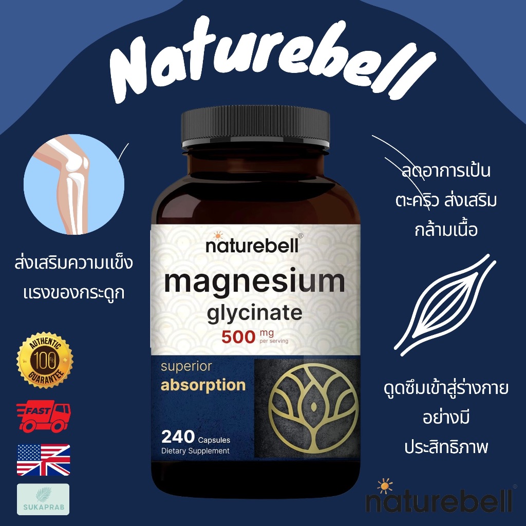 พร้อมส่ง Naturebell Magnesium Glycinate 500mg 240 Capsules ระบบหัวใจหลอดเลือด ข้อ กระดูกภูมิคุ้มกัน