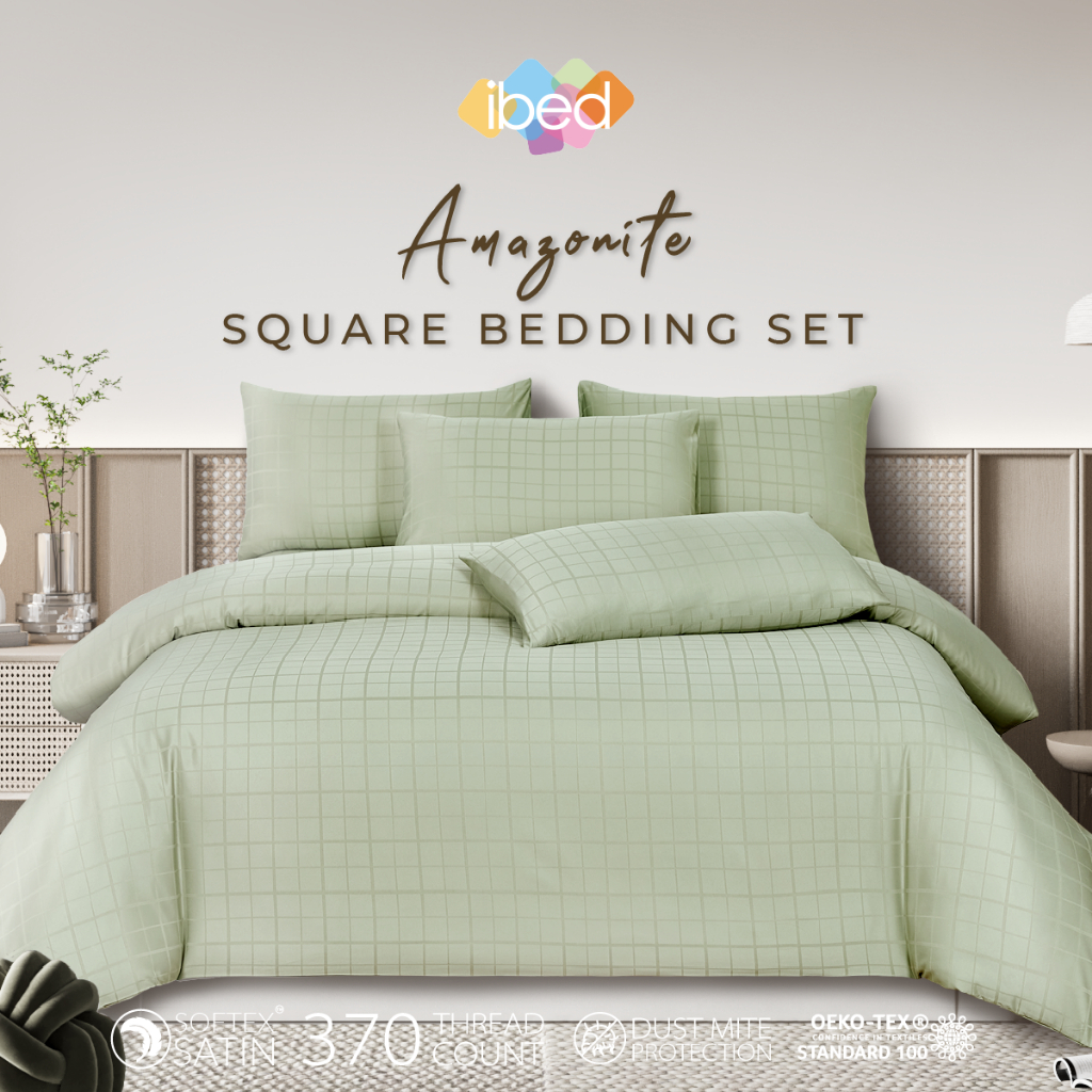 ibed ชุดผ้าปูที่นอนทอลายครบเซ็ท Softex Satin (ลายสี่เหลี่ยม) Amazonite - SQUARE COLLECTION