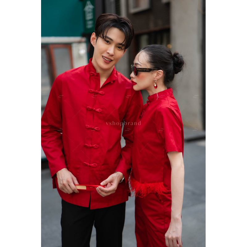 📌ทักก่อนสั่ง📌  0102  ช M L ญ S-CL เซต3ชิ้น ชุดคู่ ตรุษจีน  เซท ญ เสื้อคอจีน +กางเกงเอวสม็อค + ชาย เส