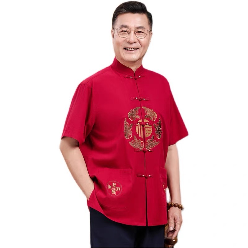 มีให้เลือก 4 สี（จัดส่งจากกรุงเทพ)เสื้อคอจีนแขนสั้นผู้ชาย ลายตัวอักษรฝู