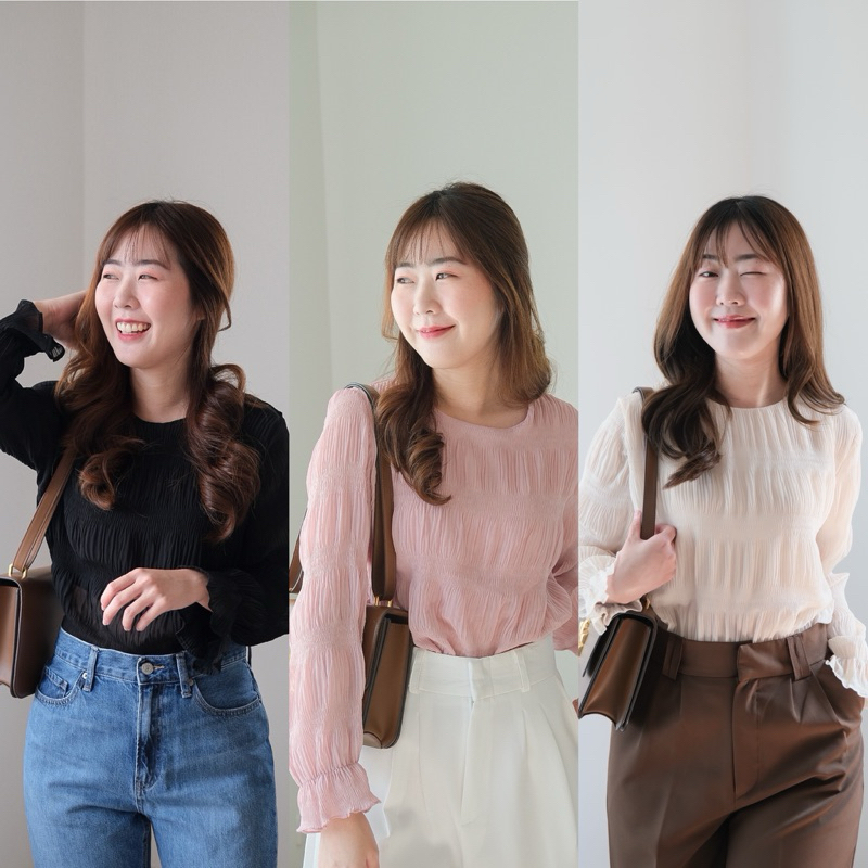 Marshmallow Top 🍢Chakiya.store❣️เสื้อคอกลมผ้าอัดพลีทรุ่น แขนยาว ได้ลุคส์หรูมั่กๆ
