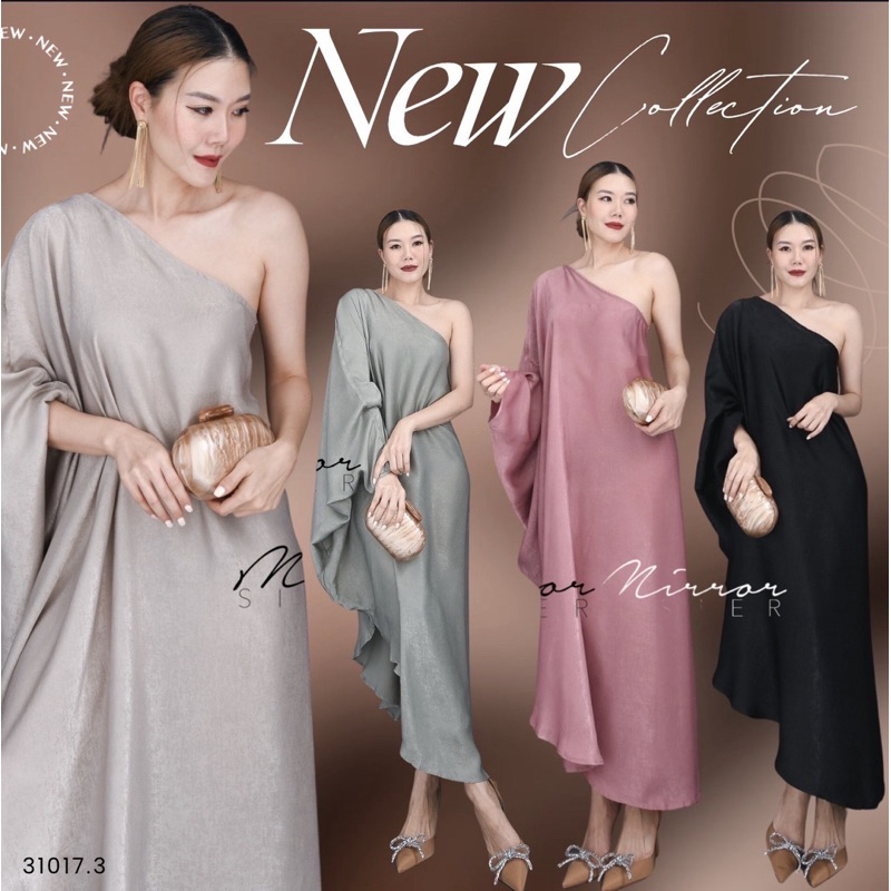 เดรสไหล่เดียวผ้าซิลค์ซาติน งานป้าย