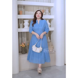 Patcha-สีฟ้า เดรสผ้าลูกไม้ฉลุไซส์ใหญ่อก42 44 46 48 และ50นิ้ว ชุดคนอ้วนสีขาวใส่ไปวัดทำบุญ งานบวช