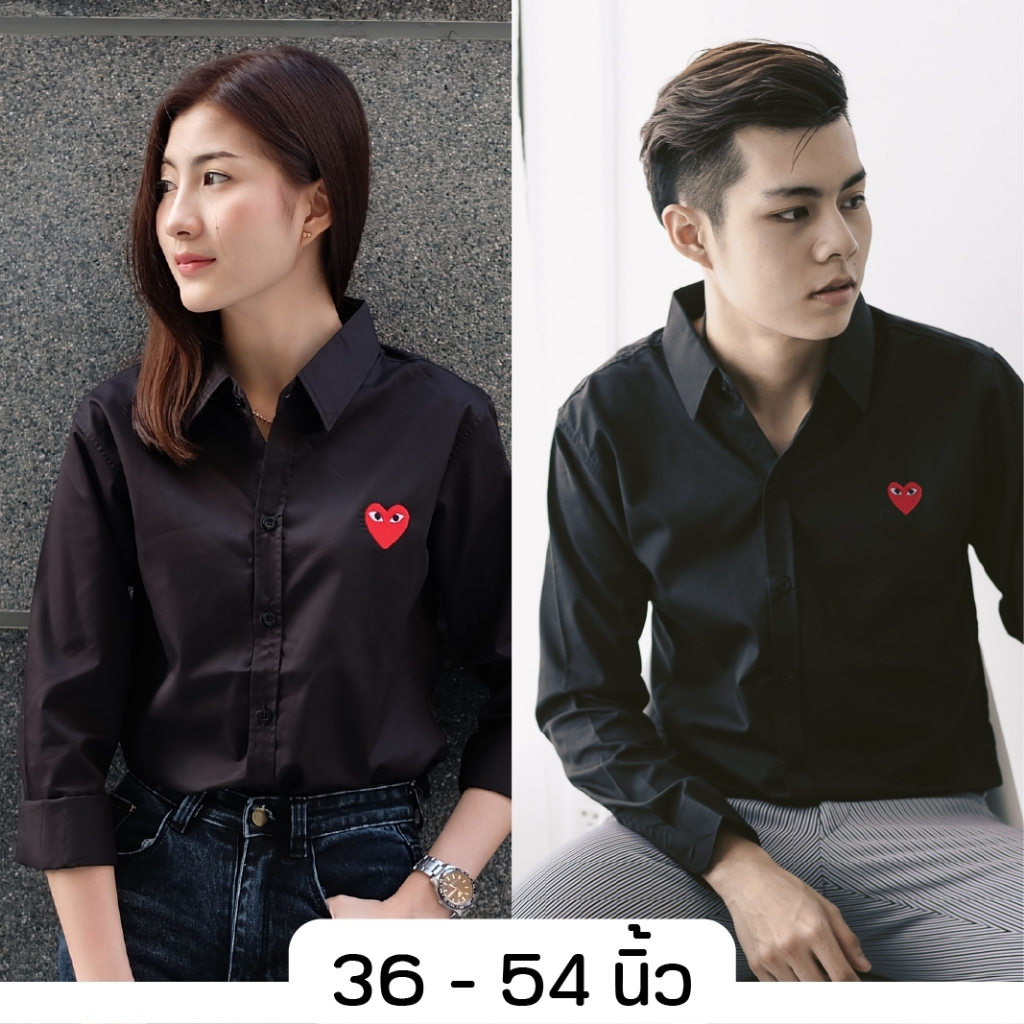 takayay brand เสื้อเชิ้ต สีดำพื้นใจแดง 36-54 นิ้ว เสื้อเชิ้ตสีดำ ผ้าคอตตอนทวิล