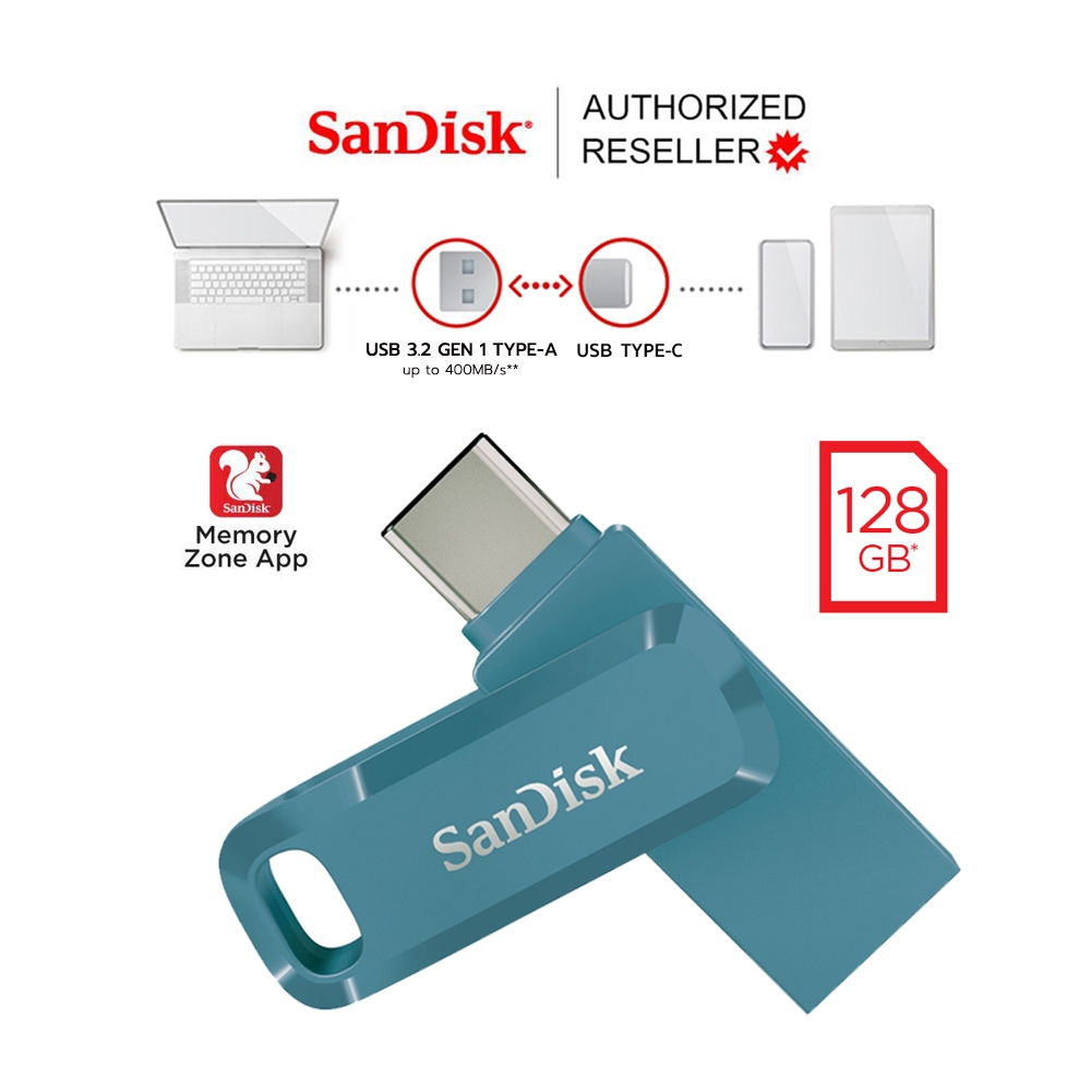 SANDISK ULTRA DUAL DRIVE GO USB TYPE-C 128GB BLUE (SDDDC3-128G-G46NBB) Flash Drive OTG แทปเลท คอม PC