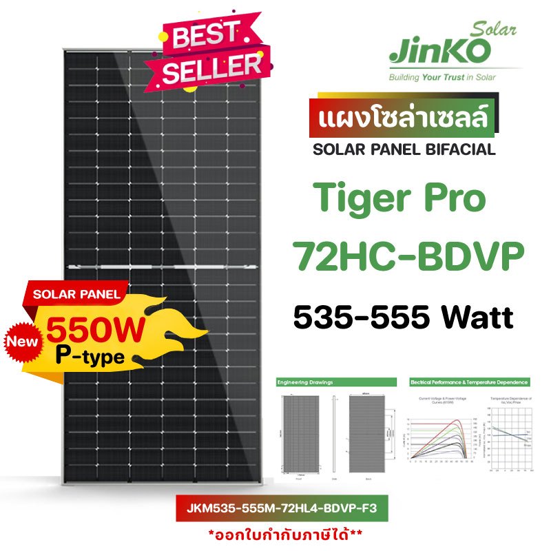 แผงโซล่าเซลล์ Solar Panel Bifacial Jinko Tiger Pro 550W P type