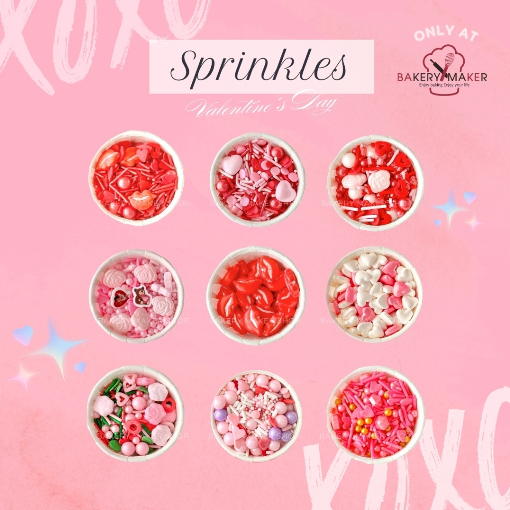 Sprinkles วาเลนไทน์ ทานได้ น้ำตาลตกแต่งขนม 9 แบบให้เลือก 20-25 กรัม / ลายหัวใจ กุหลาบ Kiss Valentine