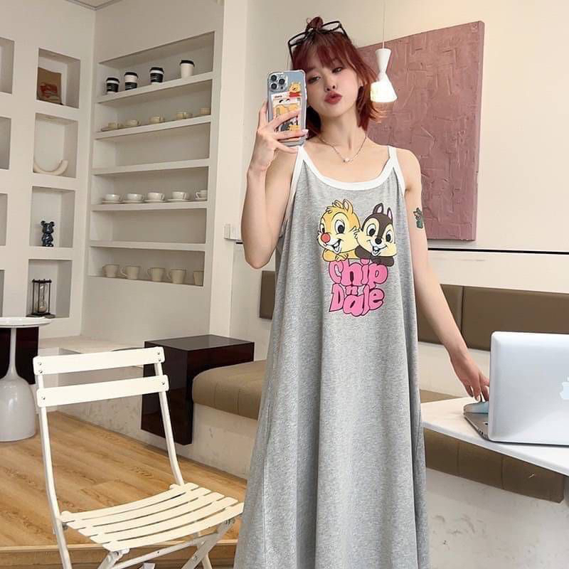 #ชุดนอน   เดรส Chip n Dale ผ้าฝ้ายคอตตอน  มี 3 สี : เทา ส้ม เหลือง