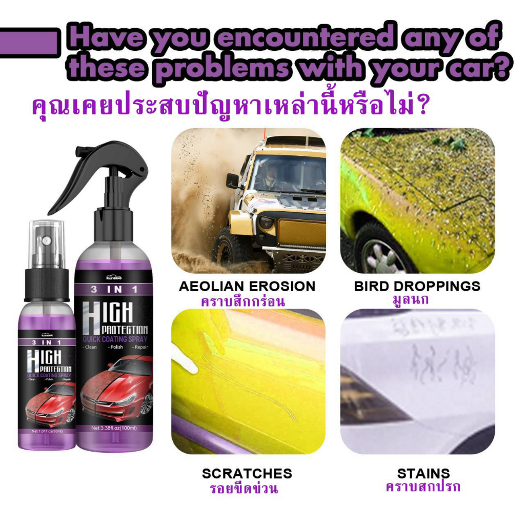 RAYHONG สเปรย์เคลือบสีรถ ปกป้องสีรถ ขัดเงาสีรถให้เงาแวววาว ดูใหม่สะอาดเสมอ