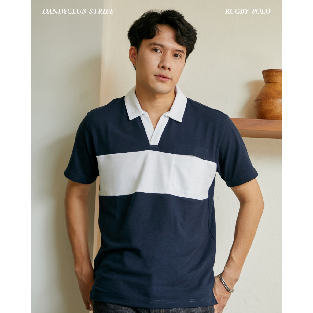 DANDY STRIPE RUGBY POLO (White/Blue) เสื้อโปโลแขนสั้น ขาว/น้ำเงิน คอวี สำหรับผู้ชาย