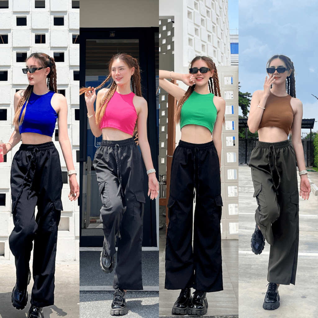 Live x SpinnyHouse เสื้อกล้าม ครอปแขนกุด ผ้าร่องยืดเยอะ ครอปท็อป Croptop  รุ่น บันได