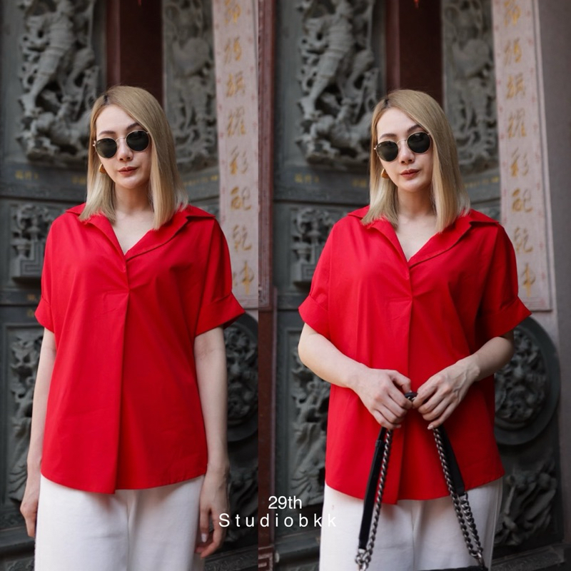 ✅พร้อมส่ง✅  สีแดง ตรุษจีน เสื้อคอปก อก48“ แขนสั้นพับเบิ้ล 29th