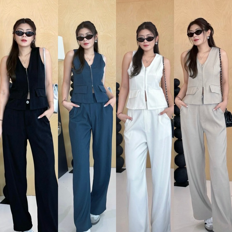 Jiwon Set ชุดเซ็ตเสื้อแขนกุดซิปหน้า+ขายาว