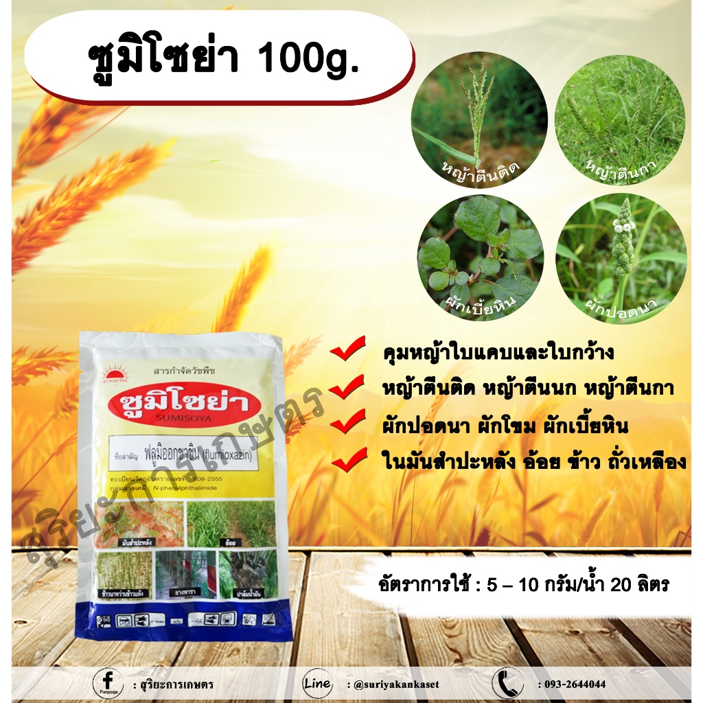 ซูมิโซย่า 100g. ฟลูมิออกซาซิน สารคุมและกำจัดหญ้าใบแคบบกว้างและกก คุมแห้งในมันสำปะหลัง อ้อย ข้าว ถั่วเหลือง