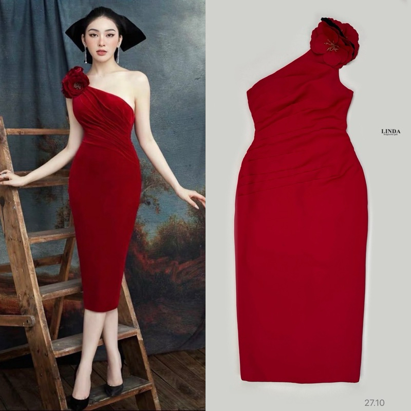 xM1 Linda Dress ชุดเดรสยาวไหล่เดียวสีแดง ไซส์ Xs-L