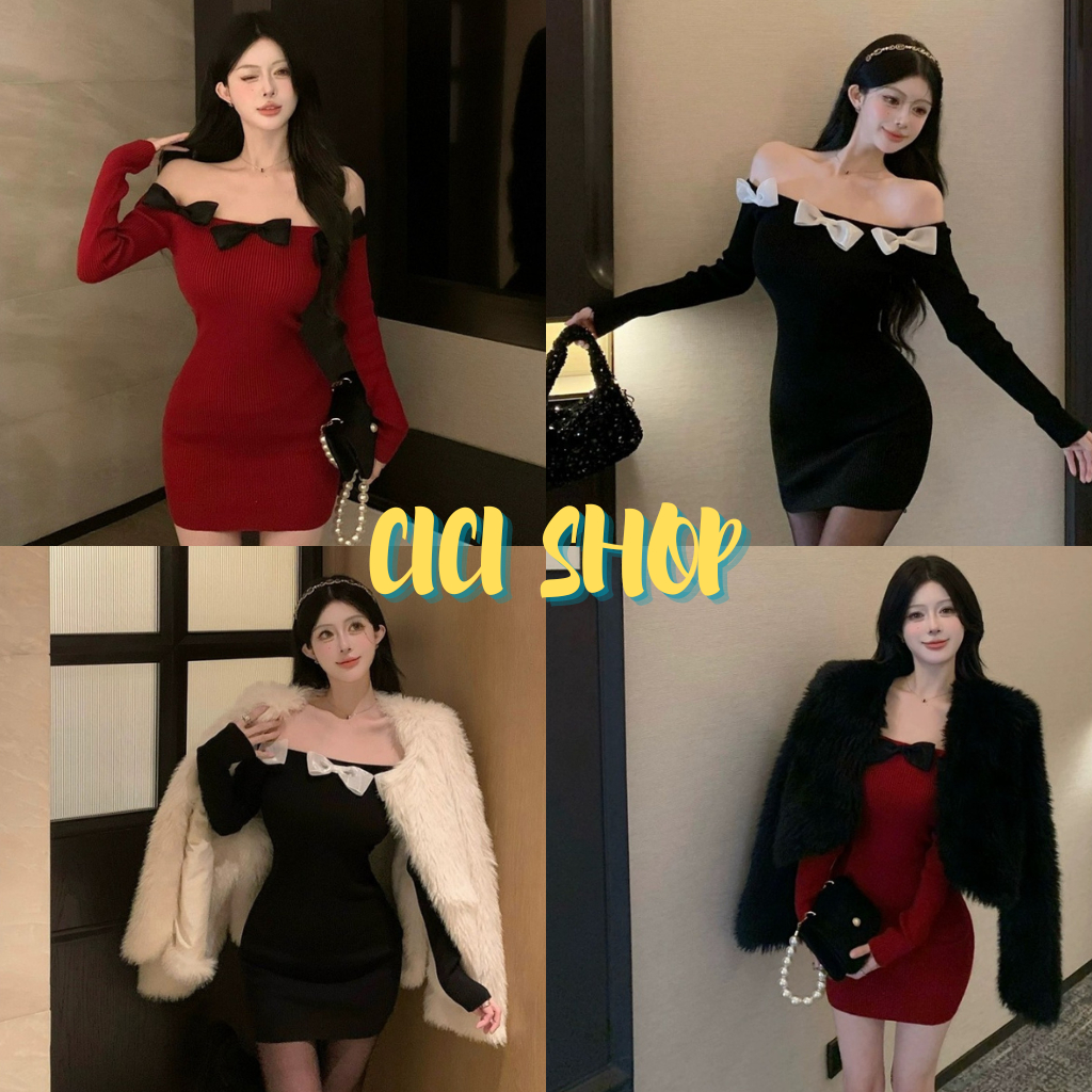 Cicishop(M1546)ชุดเดรสผ้าไหมพรม ดีเทลเเต่งโบว์ ผ้ายืดทรงสวยเข้ารูป สไตล์สาวหวาน