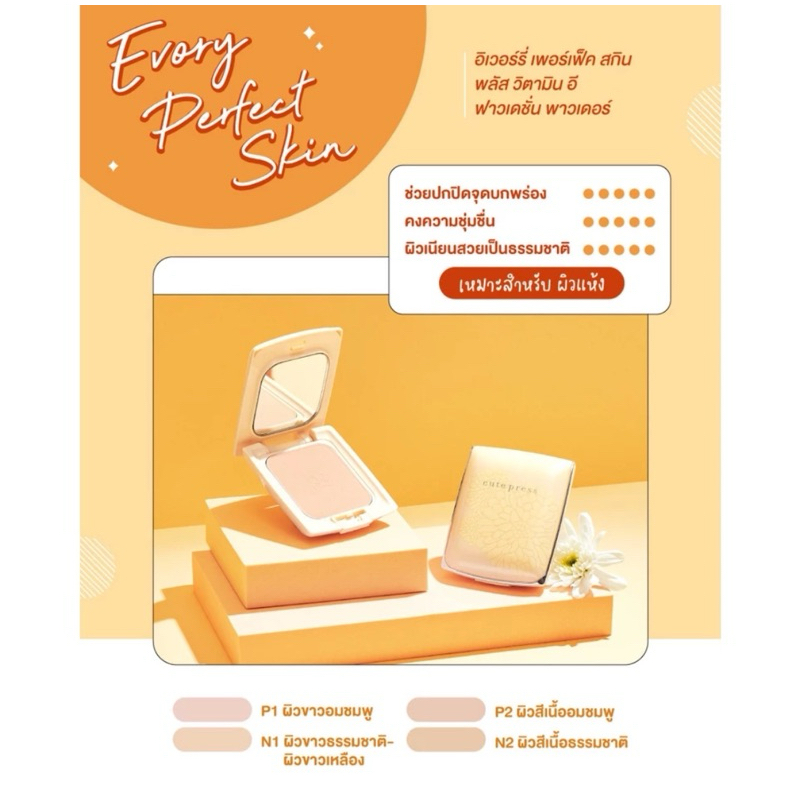 ตลับจริง) (สีเหลือง)แป้งพัฟ Cute Press EVORY PERFECT SKIN PLUS