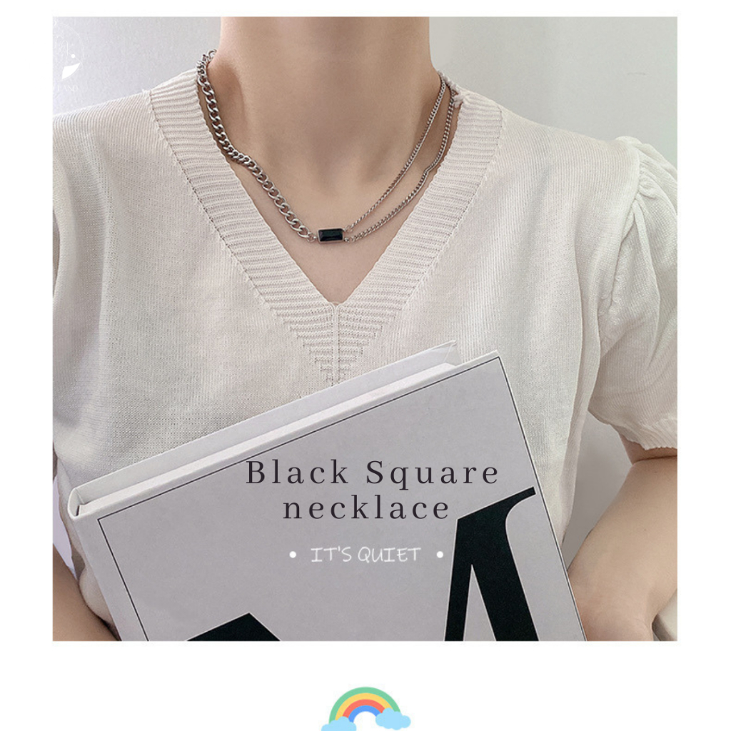 MNL💗สร้อยคอสองชั้น Black Square จี้สี่เหลี่ยมสไตล์วินเทจ สีดำ เท่ๆ เครื่องประดับแฟชั่น ไม่ลอกดำ ใส่ได้ทุกวัน เงินแท้925