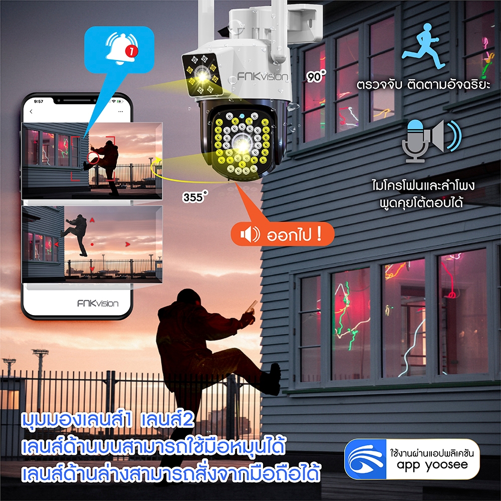 FNKvision กล้องวงจรปิดกันน้ำ 8MP 2เลนส์ ดูกล้อง2จอในเวลาเดียวกัน ตรวจจับมนุษย์ ติดตามอัตโนมัติ กล้อง