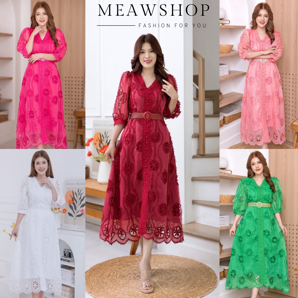 Maxi Dress เนื้อผ้าแก้วฉลุลายปักดอกช่วงคอแต่งคอวี  L-4XL มี5สี ชุดใส่ทำบุญ ลูกไม้สีขาว สาวอวบ อ้วน ช