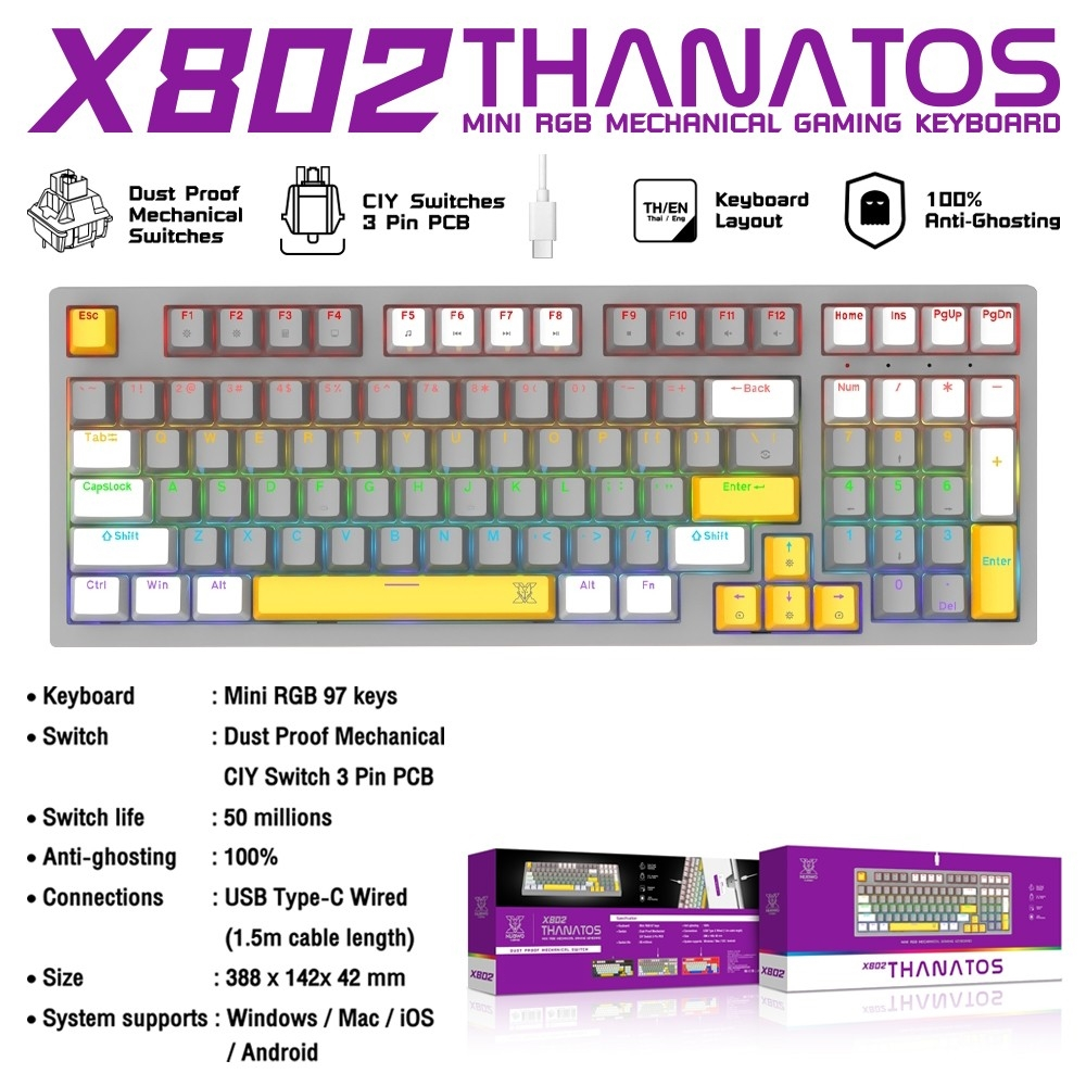 คีย์บอร์ดเกมมิ่ง NUBWO THANATOS X802 Mini RGB Mechanical Keyboard 97 Keys คีย์บอร์ดเมคานิคอล ประกัน 2 ปี รูปที่ 2