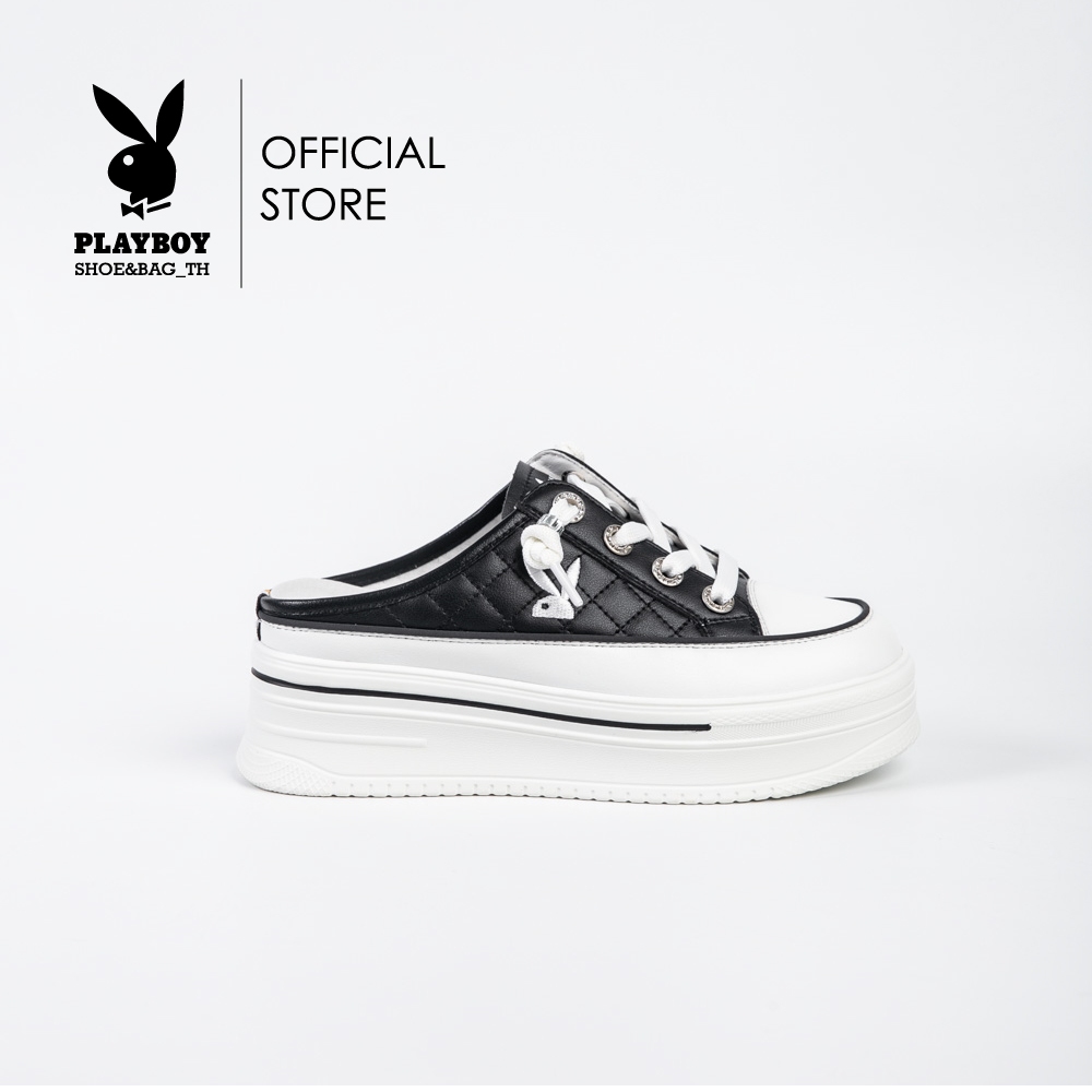 Playboy รองเท้าผ้าใบแบบเปิดส้น รุ่น ST-H241C1152 (ควร+1ไซส์) ดีไซน์เย็บนวม ปักโลโก้ มี2สี สีขาวและสีดำ