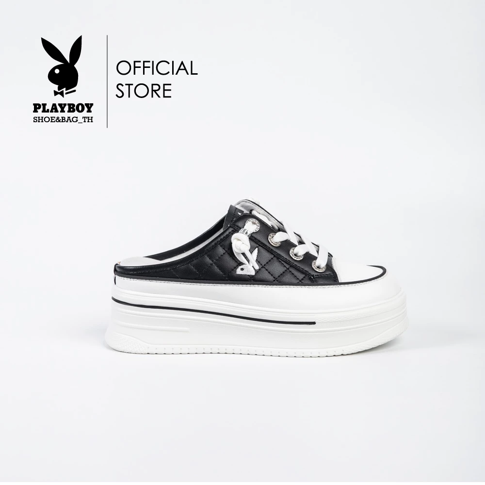 PLAYBOY รองเท้าผ้าใบแบบเปิดส้น รุ่น ST-H241C1152 (ควร+1ไซส์) ดีไซน์เย็บนวม ปักโลโก้ มี2สี สีขาวและสีดำ